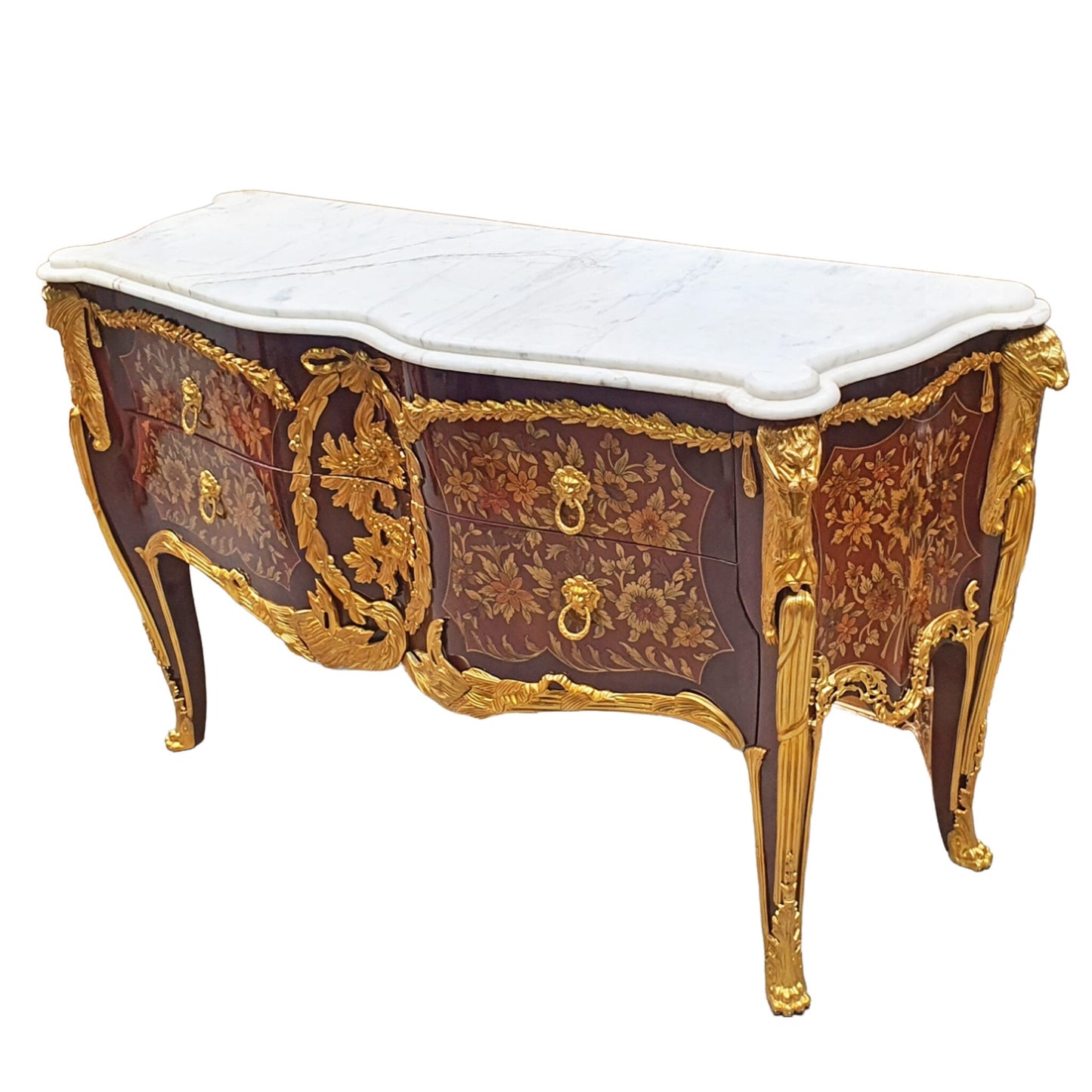 "Barokke commode met marmeren blad - Een luxe meubelstuk met een marmeren blad en gedetailleerd houtsnijwerk, perfect voor een stijlvolle en verfijnde inrichting."