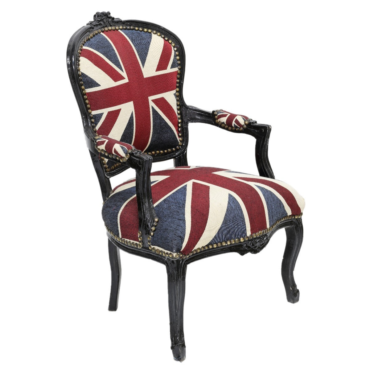 "Handgesneden Barok Stoel met Zwart Houtsnijwerk en Union Jack Bekleding - Luxueus en Elegant Meubelstuk voor Klassiek Interieur."