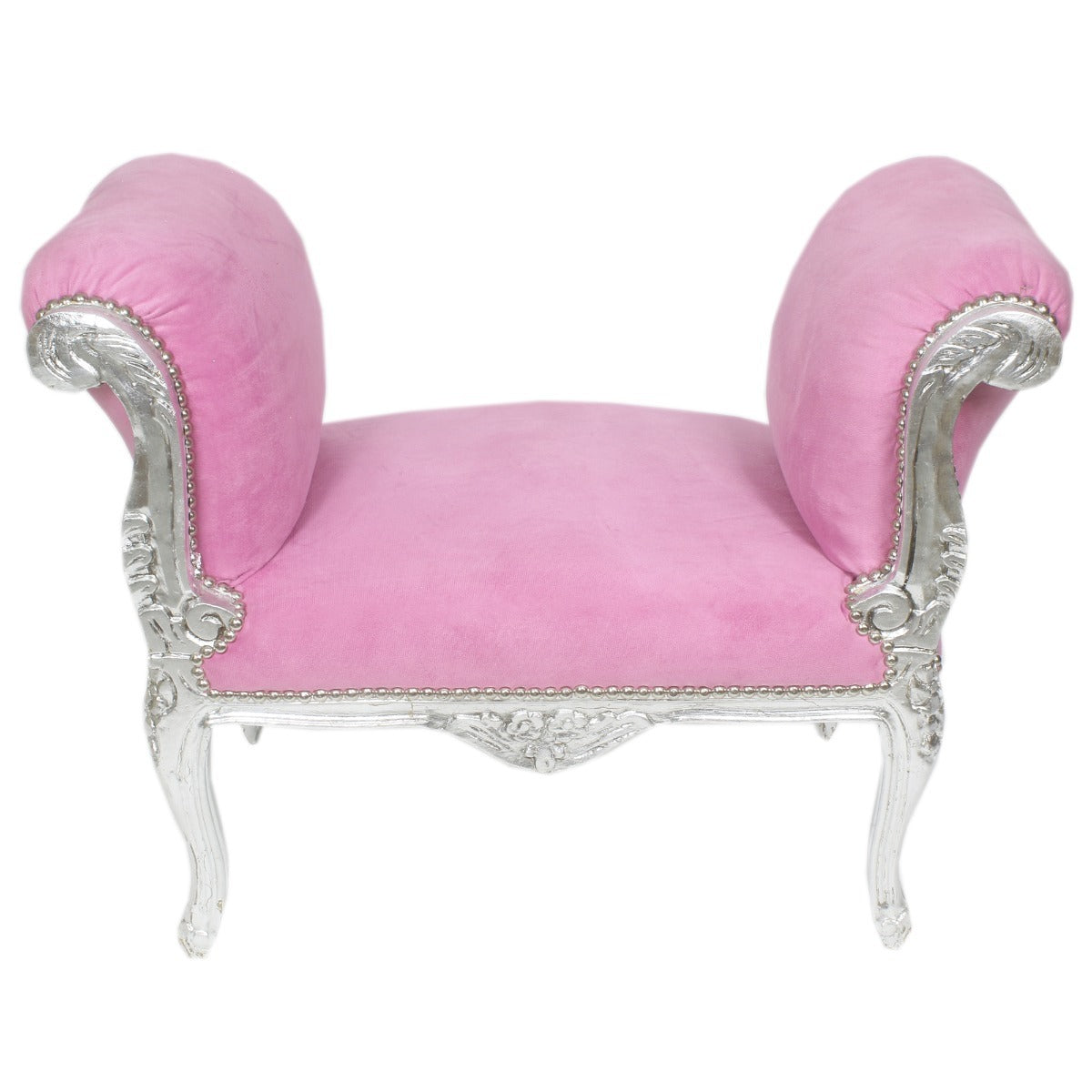 Handgemaakte Hocker - Stijlvolle Roze Zitting met Zilveren Pootjes, Perfect als Voetenbankje of Extra Zitplaats - Luxe en Comfortabele Toevoeging aan Jouw Interieur.