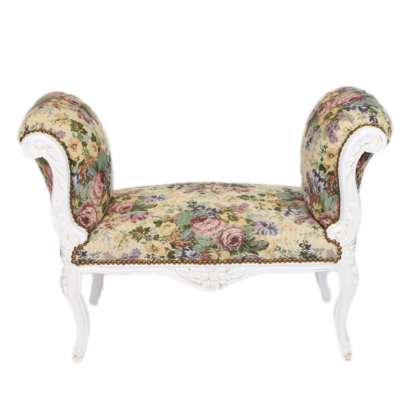 Handgemaakte Hocker - Stijlvolle Bloemenprint Zitting met Witte Pootjes, Perfect als Voetenbankje of Extra Zitplaats - Luxe en Comfortabele Toevoeging aan Jouw Interieur.