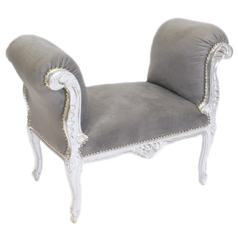 Handgemaakte Hocker - Stijlvolle Grijze Zitting met Zilveren Pootjes, Perfect als Voetenbankje of Extra Zitplaats - Luxe en Comfortabele Toevoeging aan Jouw Interieur.