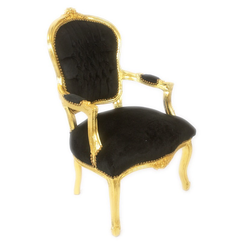 "Handgesneden Barok Stoel met Goud Houtsnijwerk en Zijdeachtige Zwarte Bekleding - Luxueus en Elegant Meubelstuk voor Klassiek Interieur."