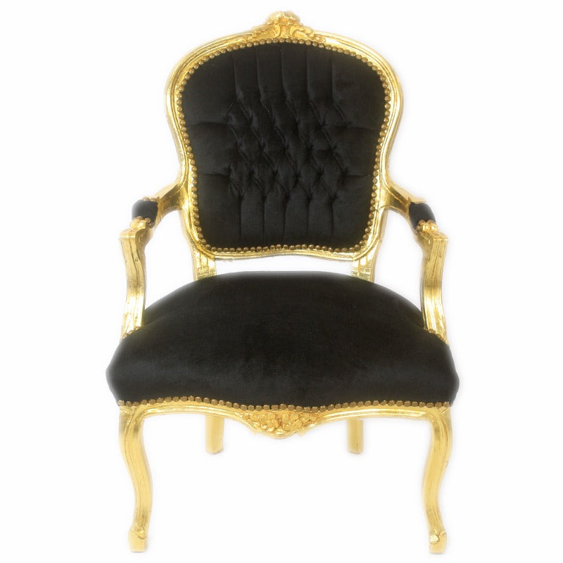 "Handgesneden Barok Stoel met Goud Houtsnijwerk en Zijdeachtige Zwarte Bekleding - Luxueus en Elegant Meubelstuk voor Klassiek Interieur."