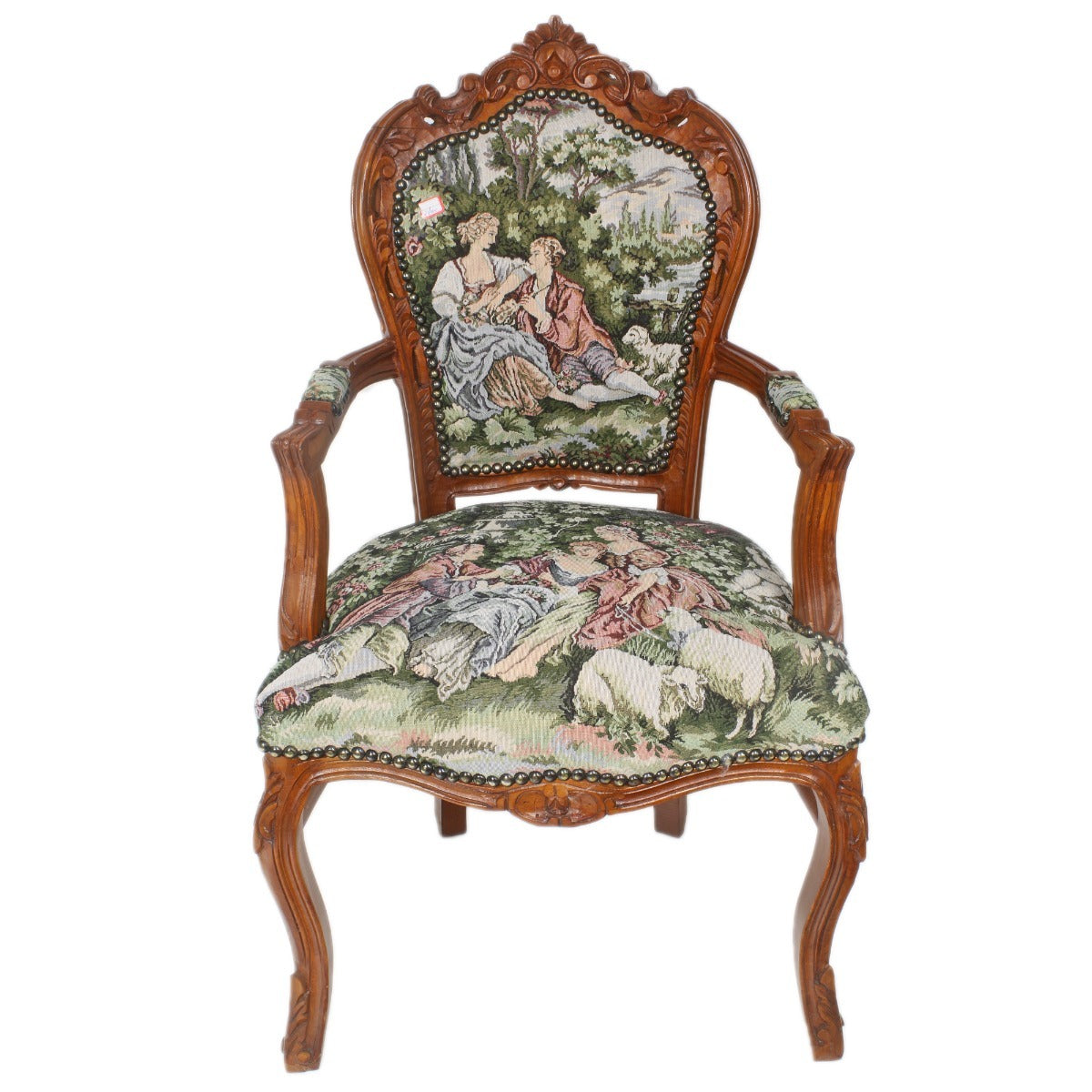 "Handgesneden Barok Stoel met Houtsnijwerk en Gobelin Bekleding - Luxueus en Elegant Meubelstuk voor Klassiek Interieur."