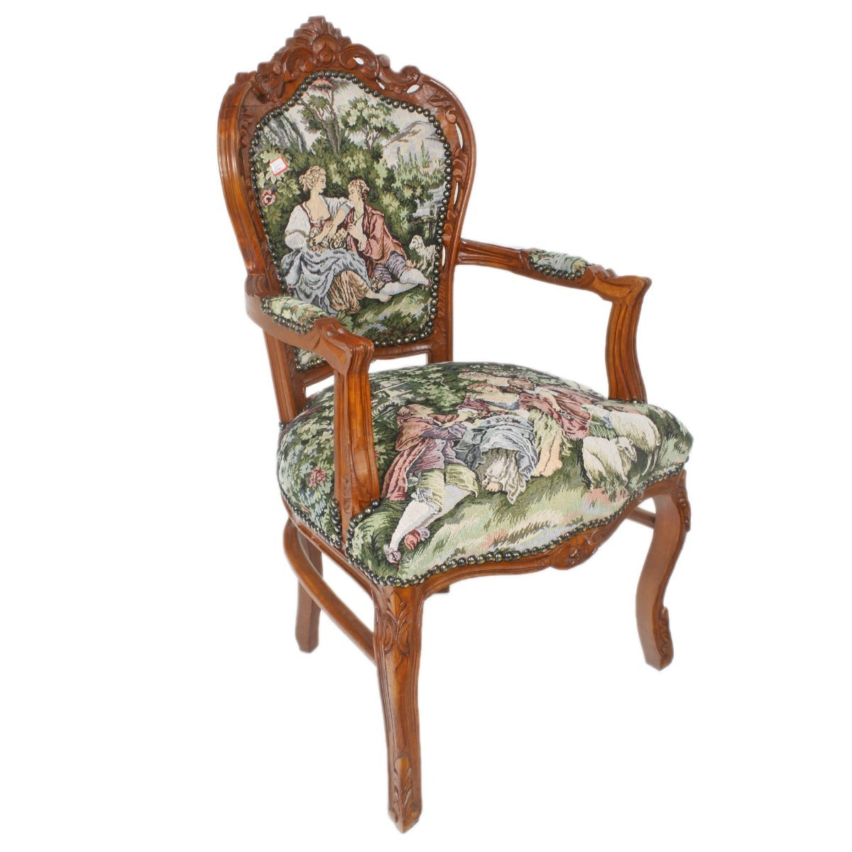 "Handgesneden Barok Stoel met Houtsnijwerk en Gobelin Bekleding - Luxueus en Elegant Meubelstuk voor Klassiek Interieur."