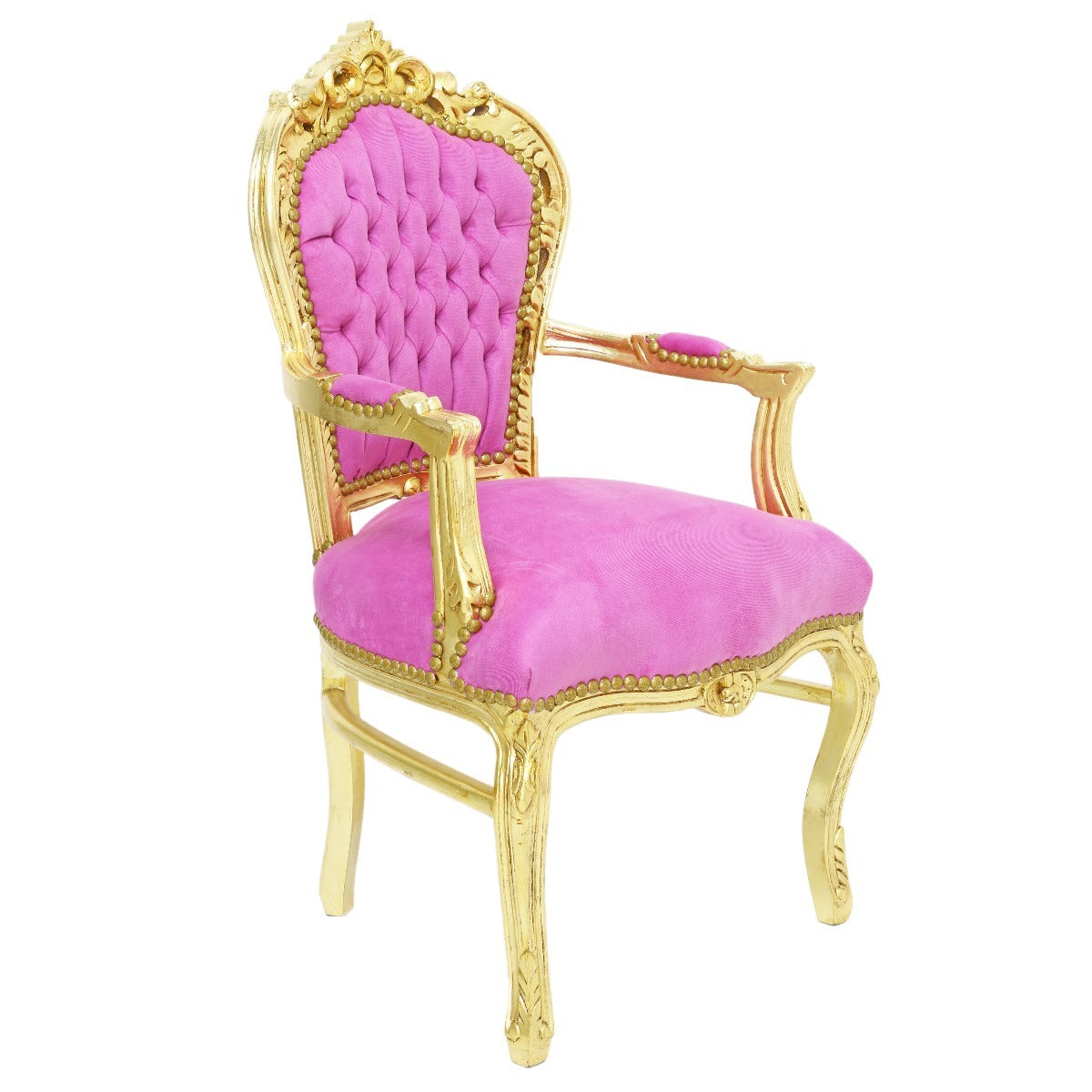 "Handgesneden Barok Stoel met Gouden Houtsnijwerk en Zijdeachtige Roze Bekleding - Luxueus en Elegant Meubelstuk voor Klassiek Interieur."