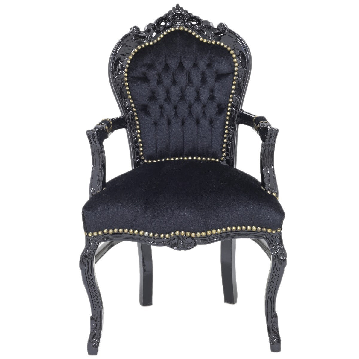 "Handgesneden Barok Stoel met Zwart Houtsnijwerk en Zijdeachtige Zwart Bekleding - Luxueus en Elegant Meubelstuk voor Klassiek Interieur."