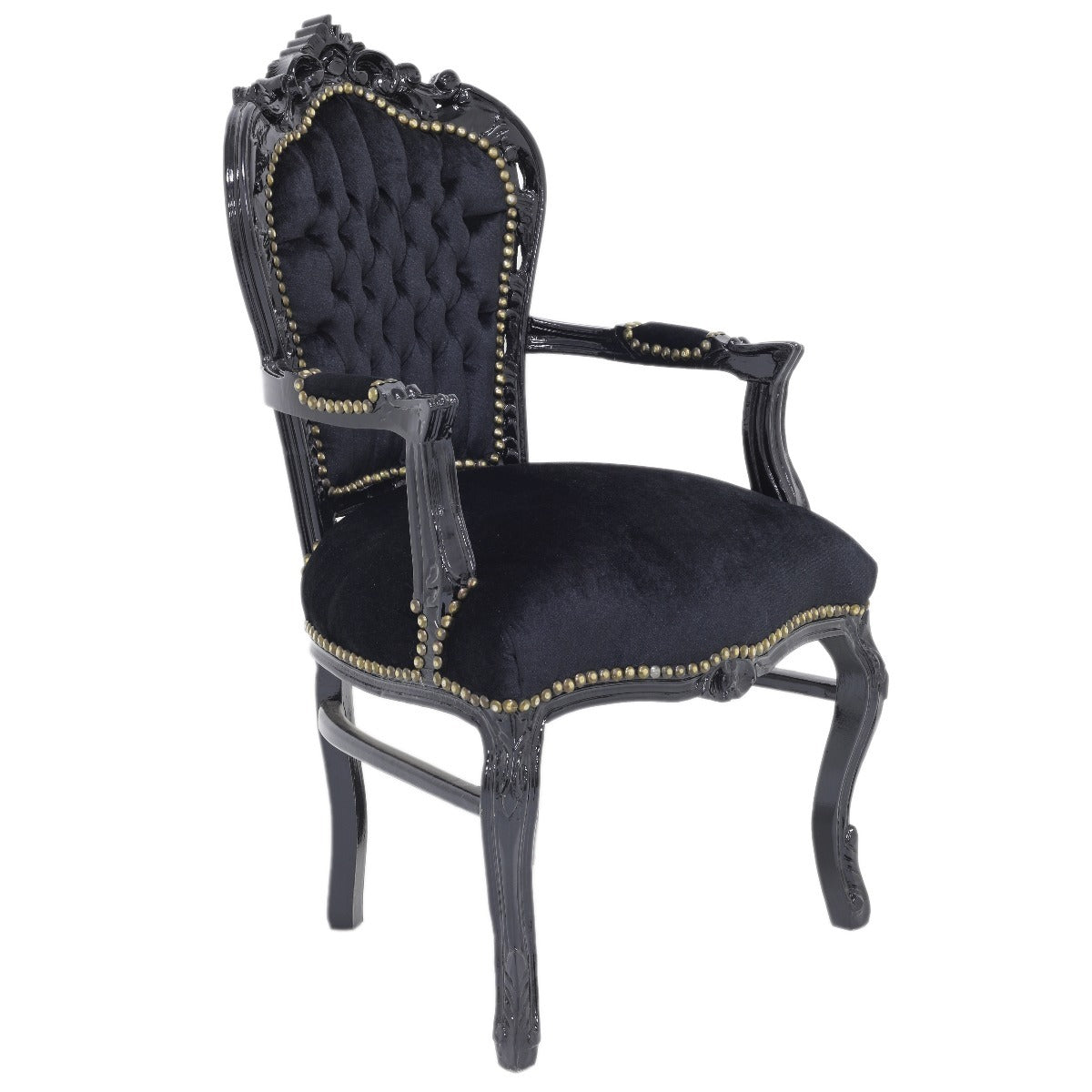 "Handgesneden Barok Stoel met Zwart Houtsnijwerk en Zijdeachtige Zwart Bekleding - Luxueus en Elegant Meubelstuk voor Klassiek Interieur."