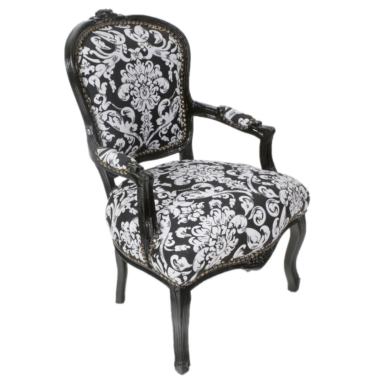 "Handgesneden Barok Stoel met Zilver Houtsnijwerk en Bloemprint Bekleding - Luxueus en Elegant Meubelstuk voor Klassiek Interieur."
