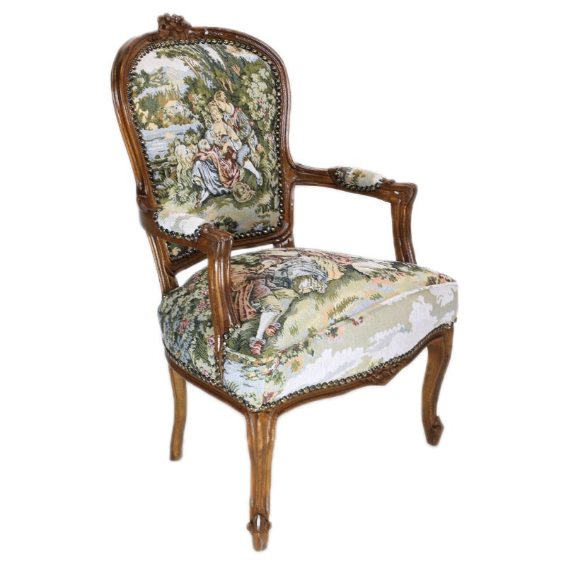 "Handgesneden Barok Stoel met Houtsnijwerk en Gobelin Bekleding - Luxueus en Elegant Meubelstuk voor Klassiek Interieur."