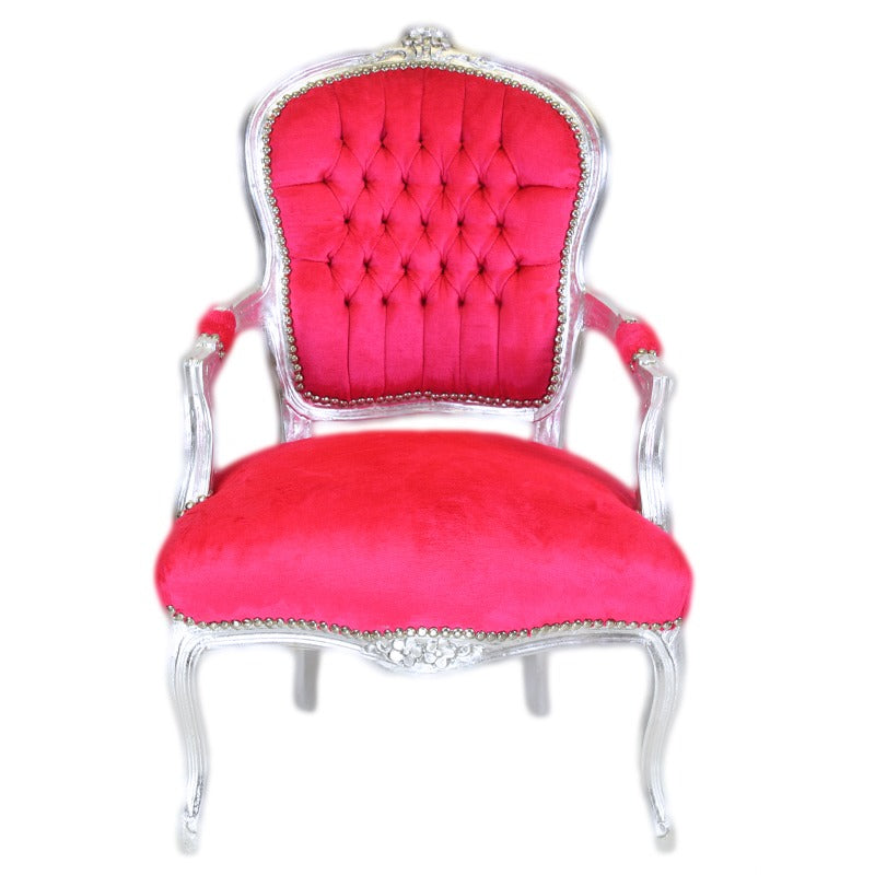"Handgesneden Barok Stoel met Zilver Houtsnijwerk en Fuchsia - Luxueus en Elegant Meubelstuk voor Klassiek Interieur."