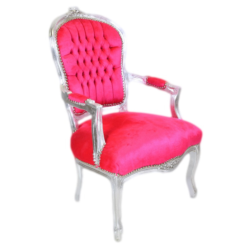 "Handgesneden Barok Stoel met Zilver Houtsnijwerk en Fuchsia - Luxueus en Elegant Meubelstuk voor Klassiek Interieur."