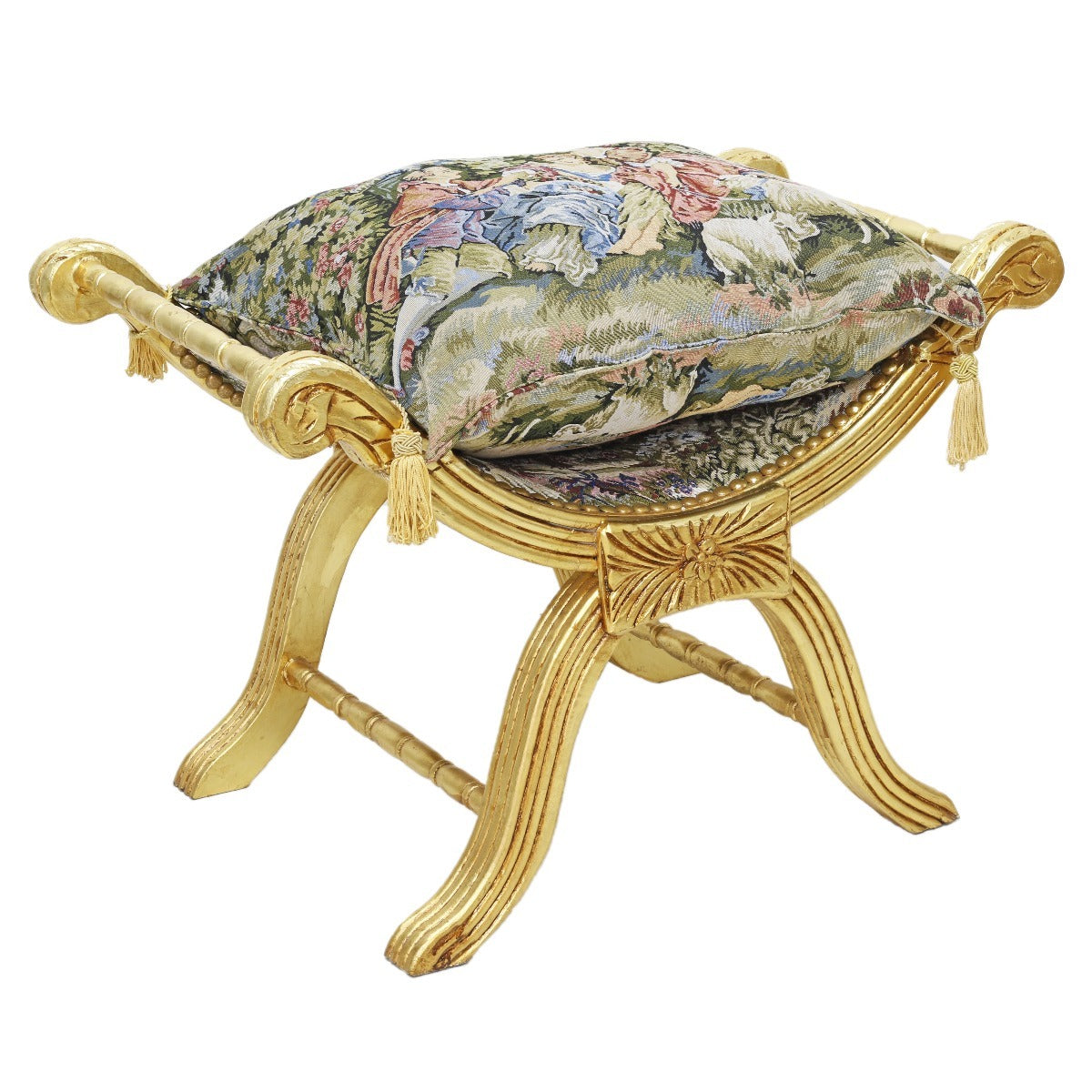 Handgemaakte Velours Hocker - Stijlvolle Gobelin Zitting met Gouden Pootjes, Perfect als Voetenbankje of Extra Zitplaats - Luxe en Comfortabele Toevoeging aan Jouw Interieur.