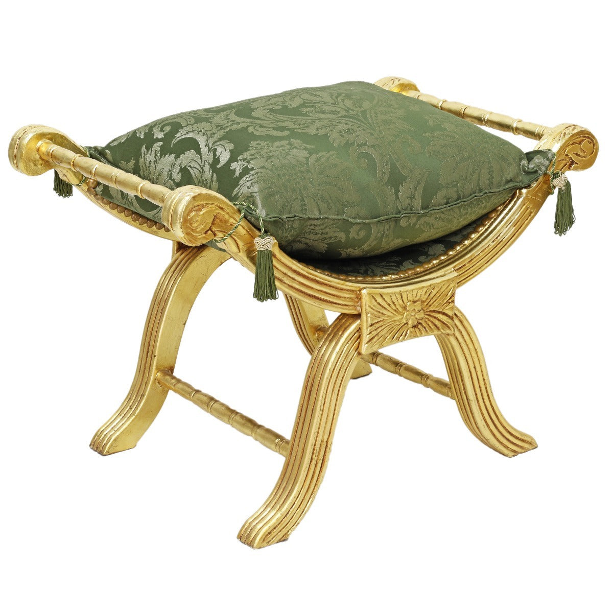 Handgemaakte Velours Hocker - Stijlvolle Groen Zitting met Gouden Pootjes, Perfect als Voetenbankje of Extra Zitplaats - Luxe en Comfortabele Toevoeging aan Jouw Interieur.