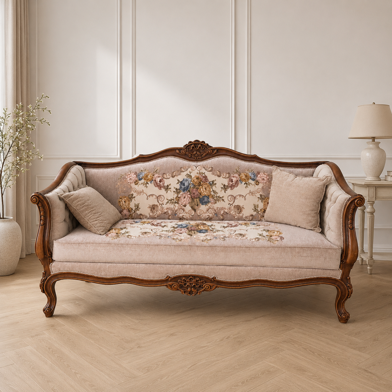 Franse Rococo Bank met Bloemenstof