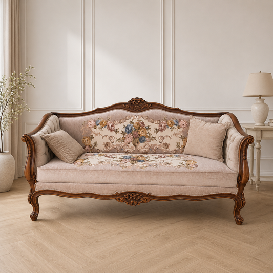 Franse Rococo Bank met Bloemenstof
