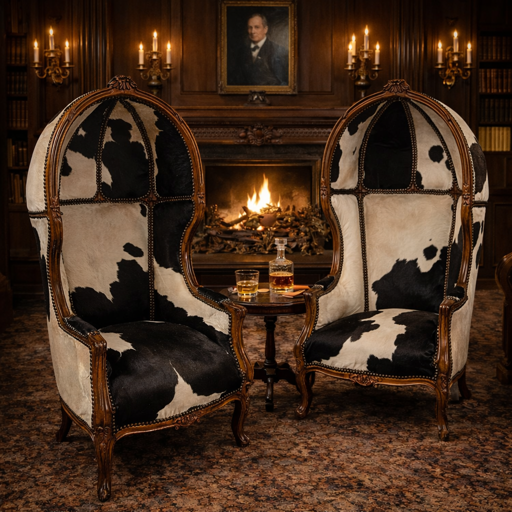 Set Koepeltroon Fauteuil Bruin Koeienhuid