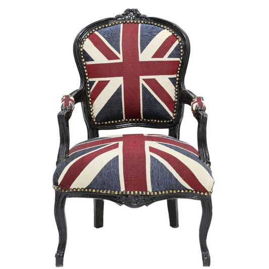 "Handgesneden Barok Stoel met Zwart Houtsnijwerk en Union Jack Bekleding - Luxueus en Elegant Meubelstuk voor Klassiek Interieur."