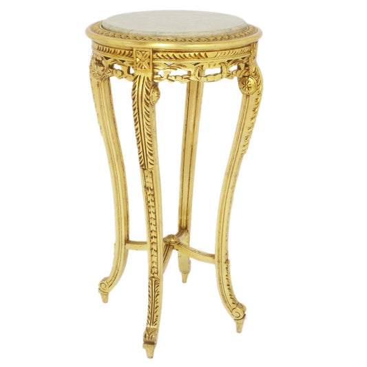 "Crèmekleurige bijzettafel met gouden accenten en bloemmotieven - Laat je betoveren door de subtiele bloemmotieven en gouden accenten die deze tafel sieren, een meesterwerk van verfijning en schoonheid."