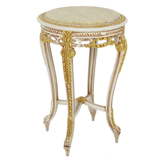 "Klassieke crèmekleurige bijzettafel met gouden inlegwerk - Een tijdloos meubelstuk met verfijnd gouden inlegwerk, biedt deze tafel een unieke mix van elegantie en stijl."
