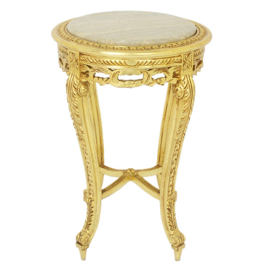 "Stijlvolle crèmekleurige bijzettafel met gouden versieringen - Een prachtig meubelstuk met sierlijke gouden versieringen, biedt deze tafel een tijdloze elegantie die de aandacht zal trekken in elke ruimte."
