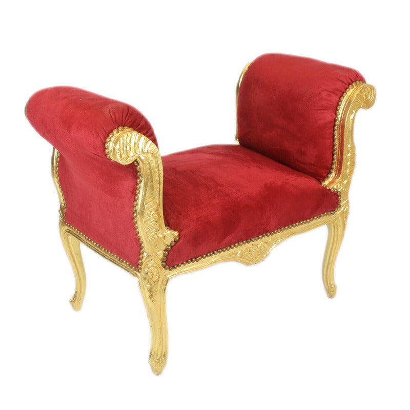 Handgemaakte Velours Hocker - Stijlvolle Bordeaux Zitting met Gouden Pootjes, Perfect als Voetenbankje of Extra Zitplaats - Luxe en Comfortabele Toevoeging aan Jouw Interieur.