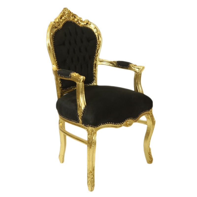 "Handgesneden Barok Stoel met Gouden Houtsnijwerk en Zijdeachtige Zwart Bekleding - Luxueus en Elegant Meubelstuk voor Klassiek Interieur."