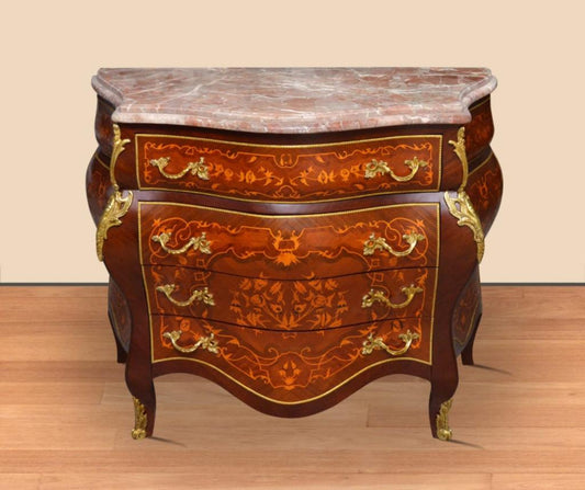 "Barokke commode met marmeren blad - Een luxe meubelstuk met een marmeren blad en gedetailleerd houtsnijwerk, perfect voor een stijlvolle en verfijnde inrichting."