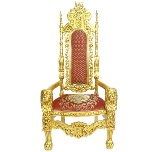 "Bruiloftszetel met Gouden Versieringen - Bewonder de verfijnde gouden details die deze stoel verheffen tot een waar pronkstuk, ideaal voor een glamoureuze bruiloft."