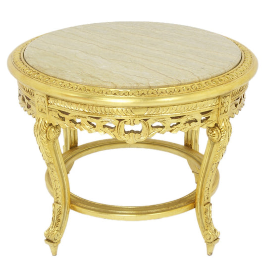 "Gouden salontafel met crèmekleurig marmer - Een luxueus meubelstuk met een glanzend gouden frame en een verfijnd crèmekleurig marmeren blad, brengt een vleugje klassieke elegantie in elke woonkamer."