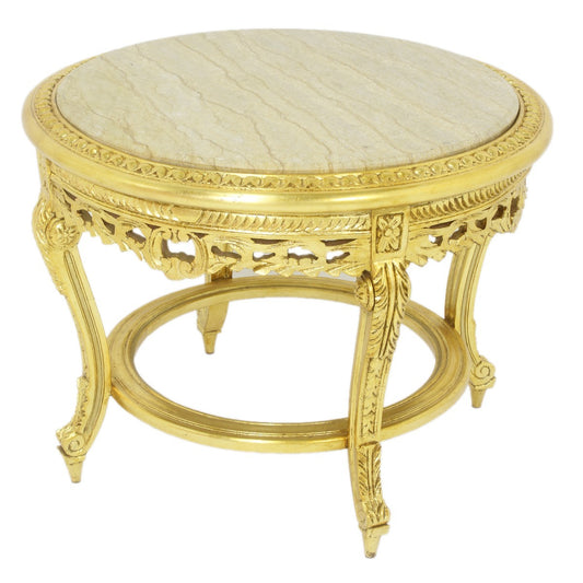 "Luxe gouden salontafel met crèmekleurig marmer - Met zijn weelderige gouden afwerking en verfijnde marmeren blad, straalt deze tafel een gevoel van luxe en elegantie uit, ideaal voor het toevoegen van een vleugje glamour aan elke woonkamer."