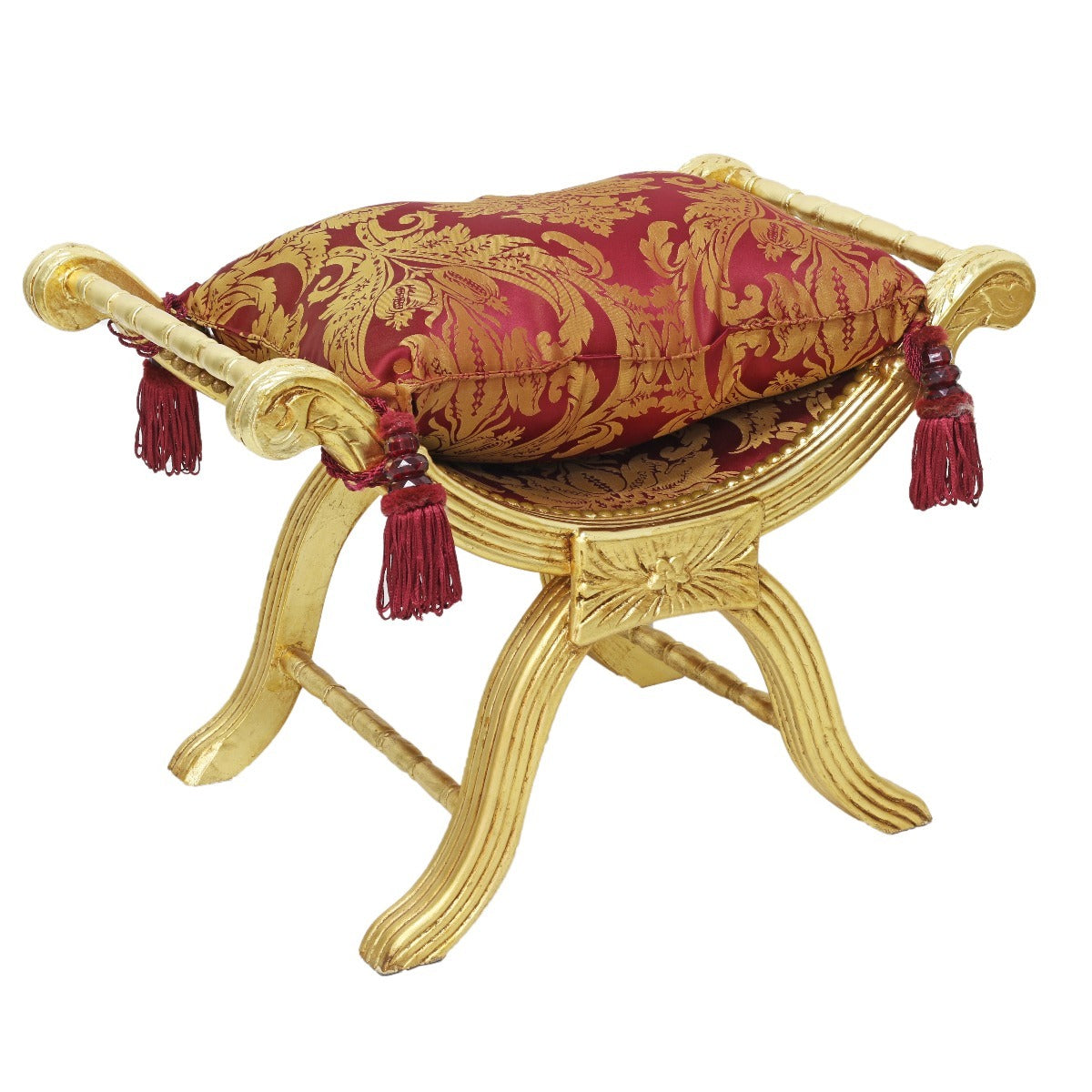 Handgemaakte Velours Hocker - Stijlvolle Bordeaux Zitting met Gouden Pootjes, Perfect als Voetenbankje of Extra Zitplaats - Luxe en Comfortabele Toevoeging aan Jouw Interieur.