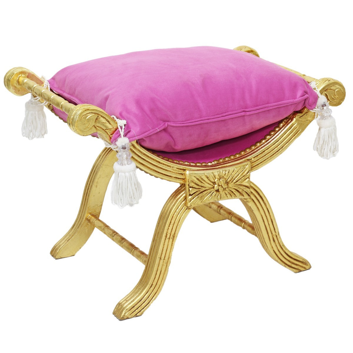 Handgemaakte Velours Hocker - Stijlvolle Roze Zitting met Gouden Pootjes, Perfect als Voetenbankje of Extra Zitplaats - Luxe en Comfortabele Toevoeging aan Jouw Interieur.